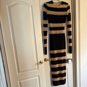 Norma Kamali Black and Cream Bodycon Long Sleeve Maxi Dress
